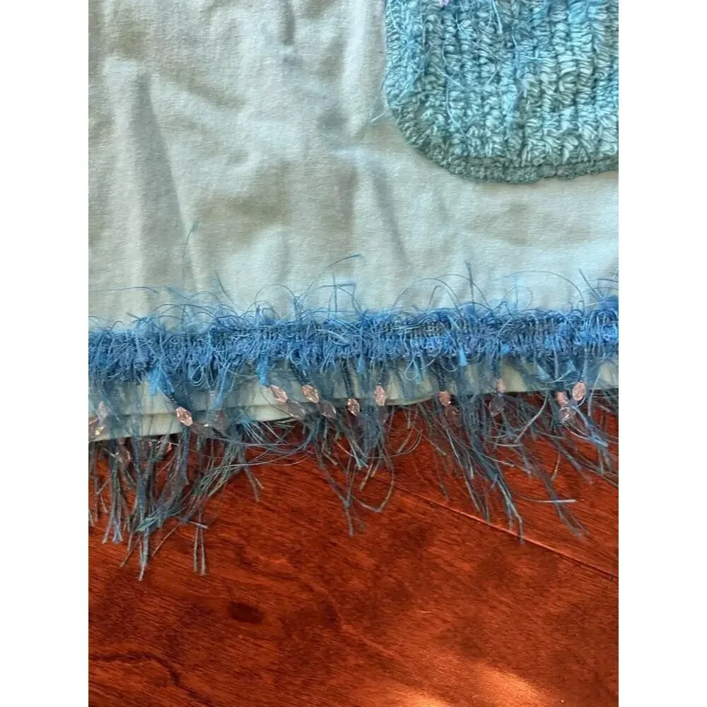 Vintage LAT‎ XL Blue Flower Beaded Tassel Pocket Tee T-Shirt